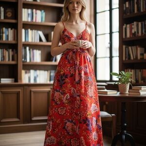 Express Red Floral Maxi Dress with Spaghetti Straps